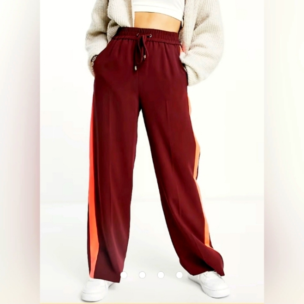 River Island tailored wide leg side stripe high waisted pants in dark red